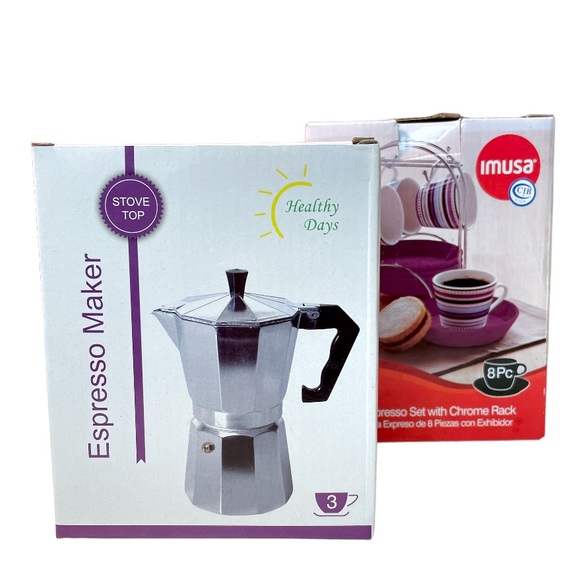 3 Cup Stovetop Espresso Maker & 8PC Purple Stripe Espresso Set with Chrome Rack - Picture 13 of 13